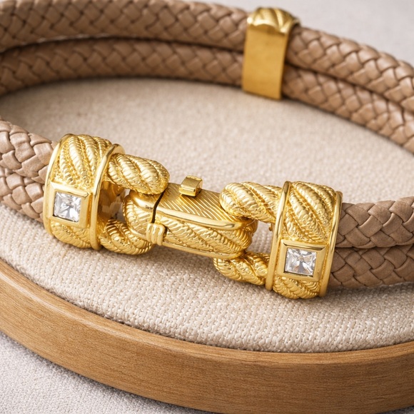 Judith Ripka Tan Double Rope Leather Bracelet 925 Gold Over Clasp EUC 8" #523 - Picture 2 of 8